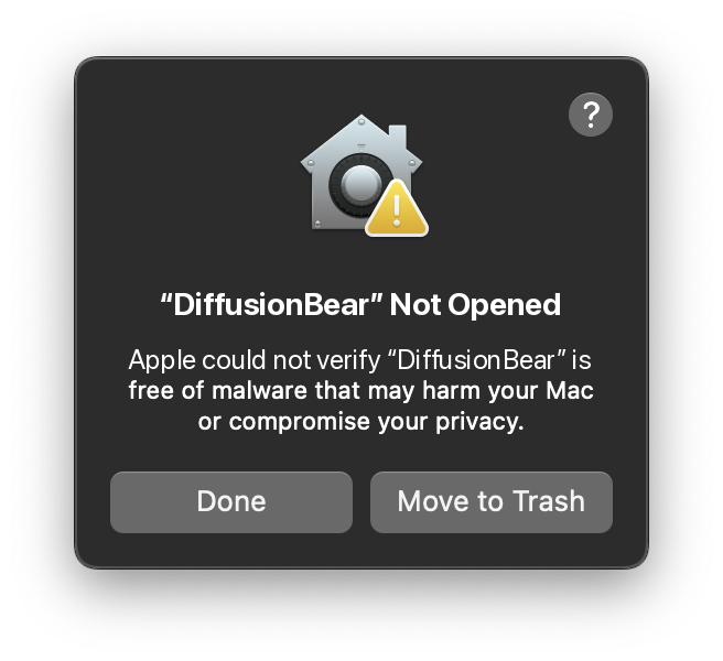 macOS Gatekeeper dialog showing “DiffusionBear” Not Opened — Apple could not verify DiffusionBear is free of malware