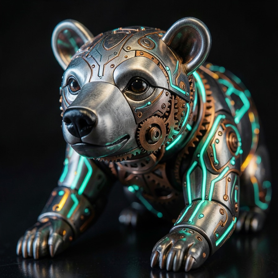 A detailed mechanical bear made of brushed titanium and copper gears, bioluminescent circuit patterns glowing cyan and amber, macro photography, 8k, s