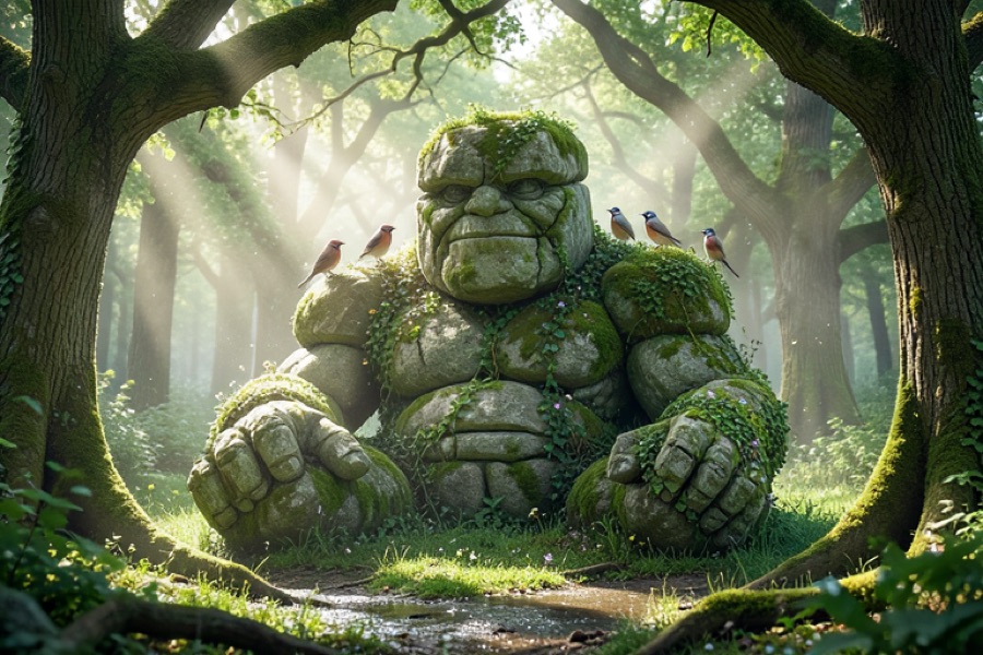 A serene and magical realistic photograph of a monumental stone golem resting seated in a verdant forest clearing. The golem is sculpted from weathere