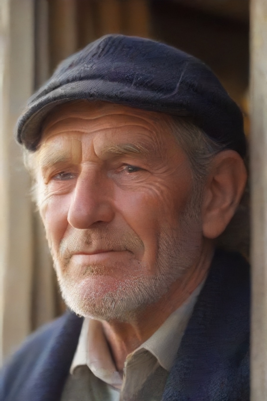 a weathered fisherman in his seventies, deeply weathered face, salt-crusted eyebrows, faded navy wool sweater, golden hour window light, 85mm lens, fi