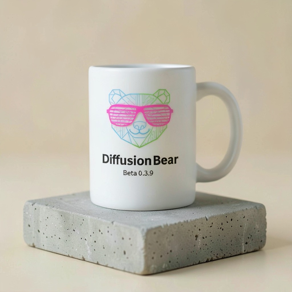 Photoreal studio product photo of a matte white ceramic coffee mug on a concrete pedestal. DiffusionBear Beta 0.3.9 logo and text on the mug.