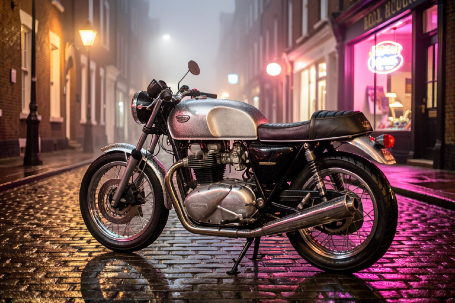 A moody nighttime urban photograph featuring a vintage 1960s cafe racer motorcycle parked along a narrow, damp cobblestone street in London. The motor
