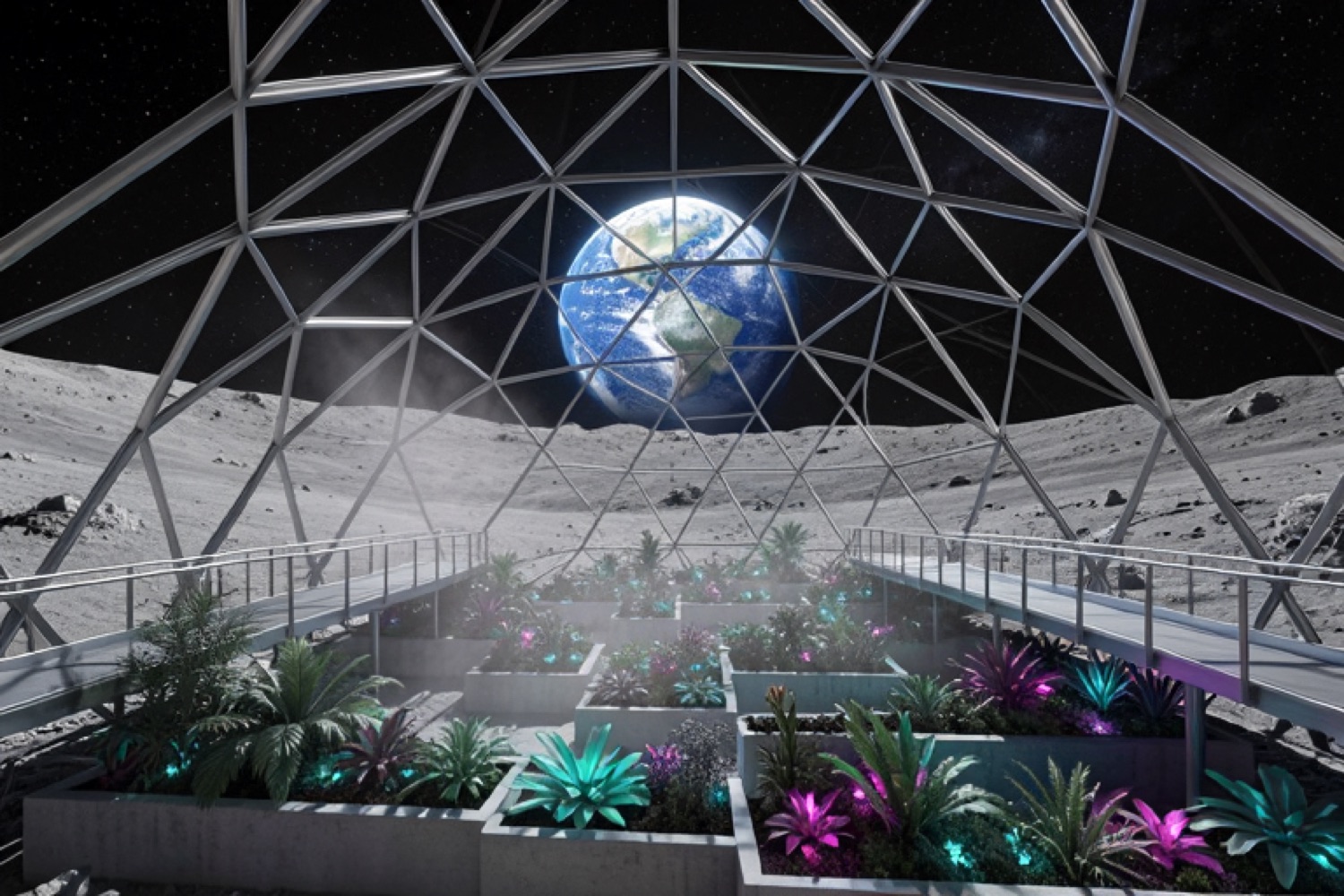 A sweeping interior photograph of a massive geodesic greenhouse dome established on the surface of the Moon. Through the transparent triangular glass 