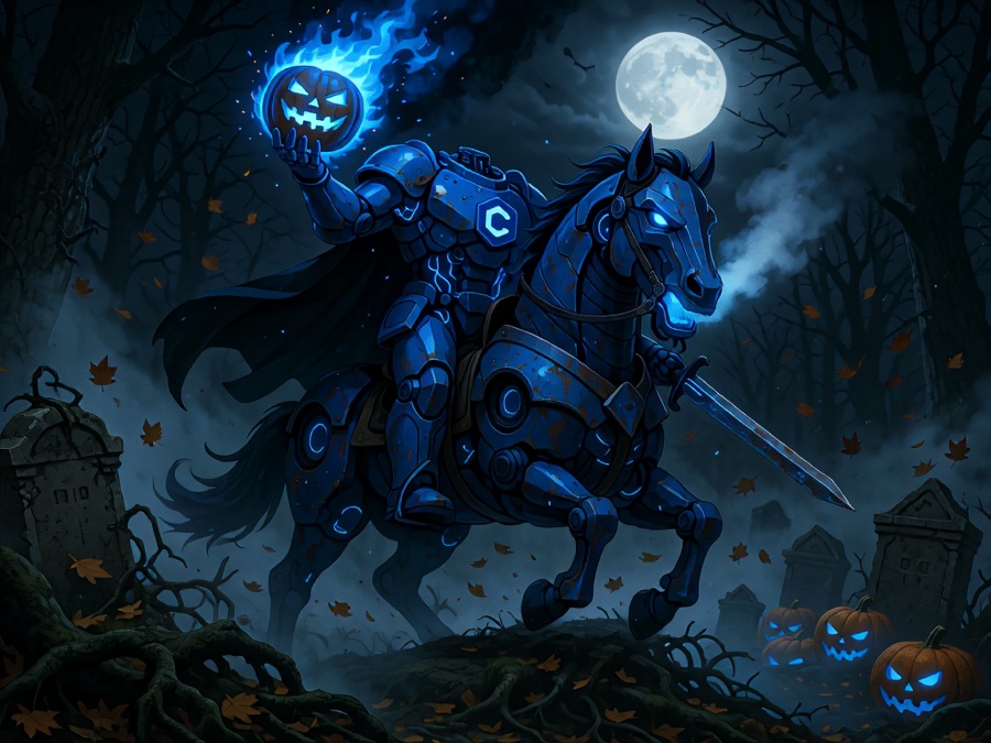 Gothic, extremely dark Halloween-themed digital illustration of the Headless Horseman, but the horseman is the cybernetic robotic knight "CIVBOT" whic
