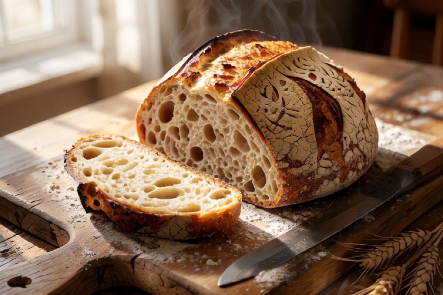 A mouthwatering culinary photograph of a rustic, freshly baked sourdough loaf resting on a weathered oak cutting board lightly dusted with flour. One 