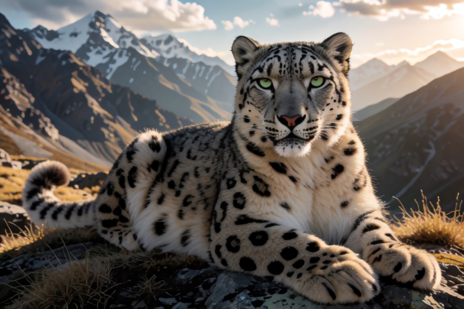 A high-fidelity wildlife photograph of an adult snow leopard resting on a rugged, windswept ridge high in the Himalayas. The animal's thick, pale-gray