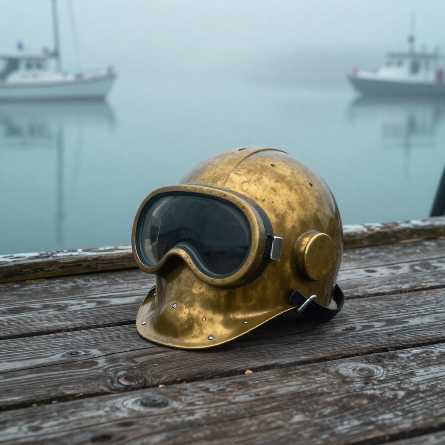 a weathered brass diving helmet resting on a weathered wooden dock, early morning fog over still harbour water, soft diffused overcast light, muted te