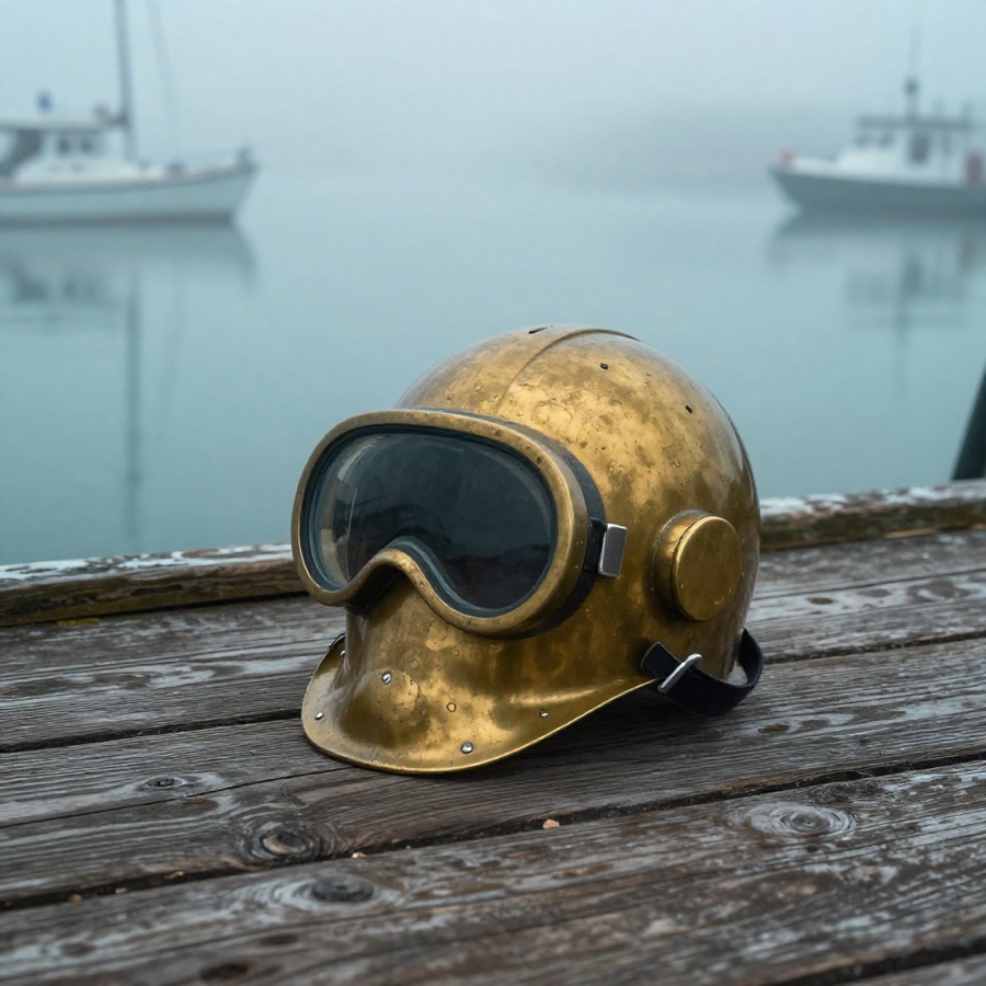 a weathered brass diving helmet resting on a weathered wooden dock, early morning fog over still harbour water, soft diffused overcast light, muted te
