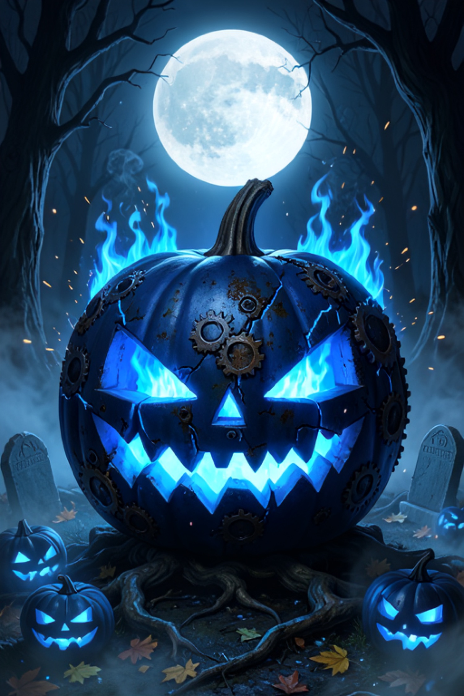 Gothic, extremely dark Halloween-themed digital illustration of a giant jack-o'-lantern as the central focus, carved with a wicked, jagged grin and tr