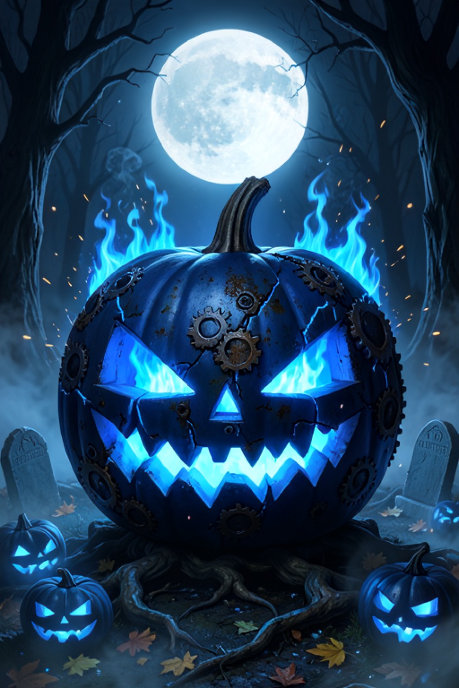 Gothic, extremely dark Halloween-themed digital illustration of a giant jack-o'-lantern as the central focus, carved with a wicked, jagged grin and tr