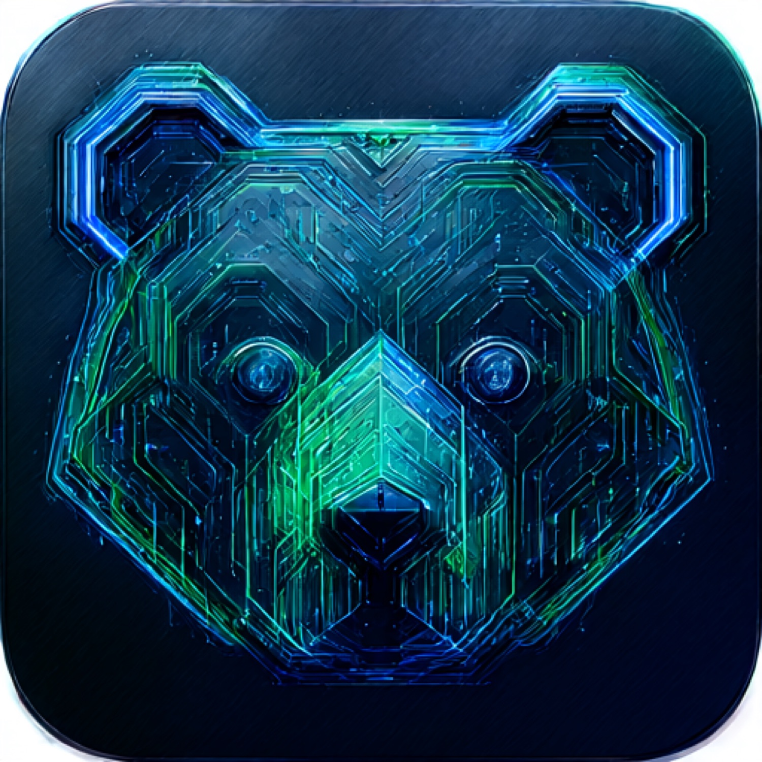 A modern macOS app icon inside a squircle shape, featuring a geometric low-poly bear head. The edges of the polygons are made of glowing neon blue and