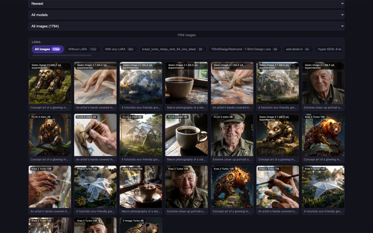 The model browser: a dense grid of generated images with search, tag, model and LoRA filters above them.