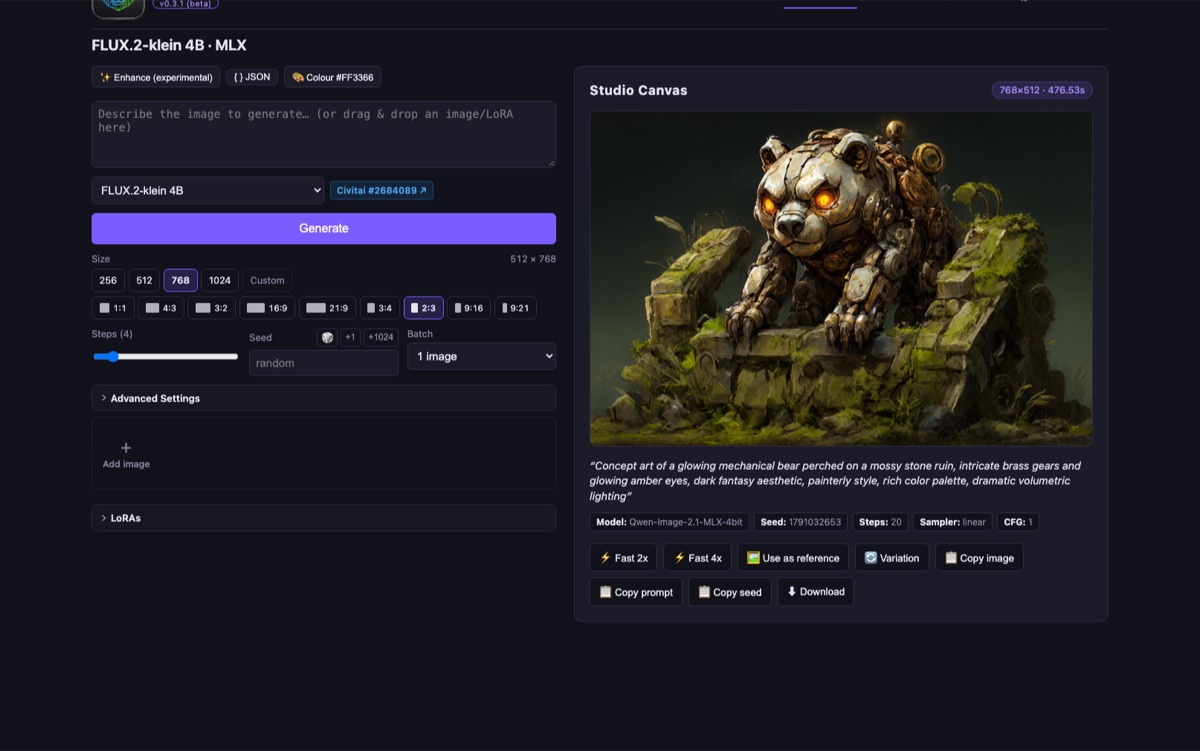 The DiffusionBear Generate tab: an engine dropdown, a prompt box, step and seed controls, and the finished image on a studio canvas.