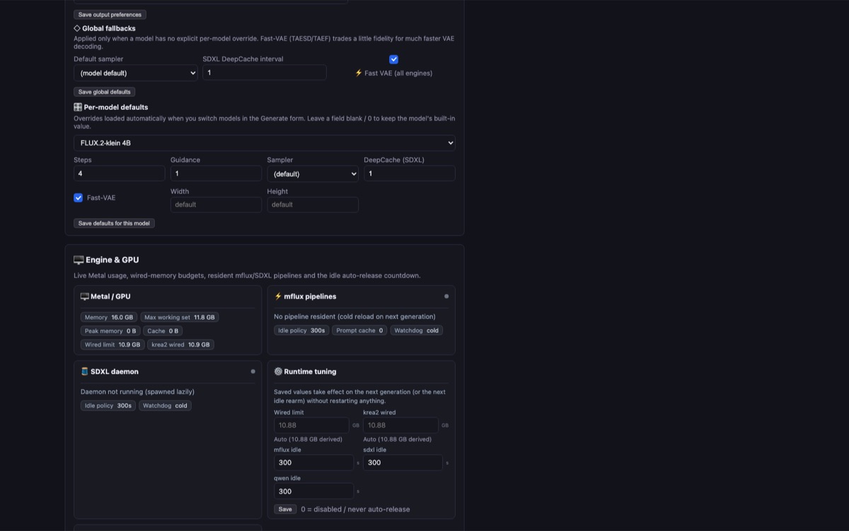The Parameters tab: interface language, default generation settings, and live Metal GPU telemetry including memory and wired limits.